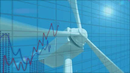 Poster - 3D render turbine spinning under blue sky, overlaying grid with red and blue lines dotted bars