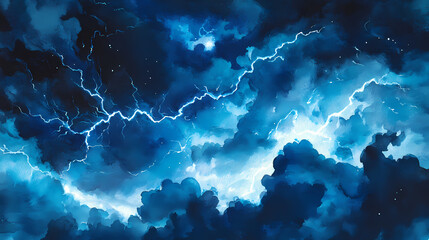 Wall Mural - Night sky filled with electric blue lightning and heavy dark storm clouds in high-detail watercolor, biblical theme. [Neon Folktales] | Spark Saga | electric tale. Illustration