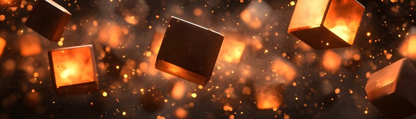 Poster - Floating, glowing cubic objects in a fiery, ethereal space.