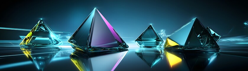 Poster - Abstract digital rendering of glowing pyramids.