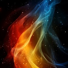 Poster - Abstract cosmic swirl of vibrant red, orange, and blue hues with glittering particles on a dark background