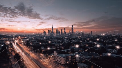 Wall Mural - Urban city skyline at sunset with interconnected network lines symbolizing technology and communication in a modern digital world