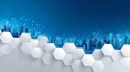 Poster - Scenic cityscape with a blue background showcasing urban buildings and modern architecture