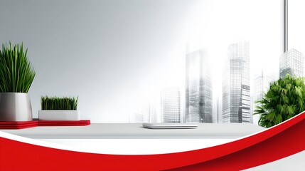 Poster - Modern workspace featuring a desk with a laptop and a vibrant green plant for inspiration