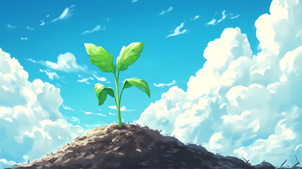 Wall Mural - Soil mound with green plant sprouting under a blue sky with fluffy clouds. [Gravity Bloom] | Nimbus Growth | cloud plant. Illustration