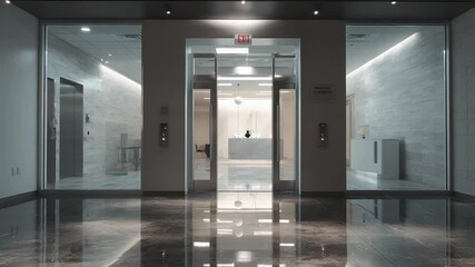 Poster - Modern Entrance Hallway: A sleek and contemporary entrance hall featuring large glass doors, offering a captivating view of a pristine interior, exuding a sense of professionalism and modern design.