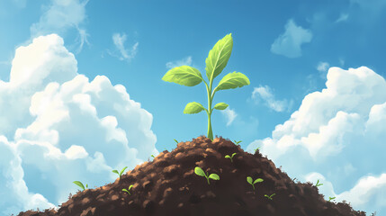 Wall Mural - Soil mound with green plant sprouting under a blue sky with fluffy clouds. [Gravity Bloom] | Nimbus Growth | cloud plant. Illustration