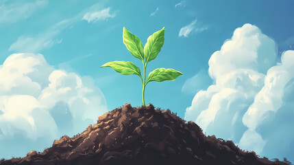 Wall Mural - Soil mound with green plant sprouting under a blue sky with fluffy clouds. [Gravity Bloom] | Nimbus Growth | cloud plant. Illustration