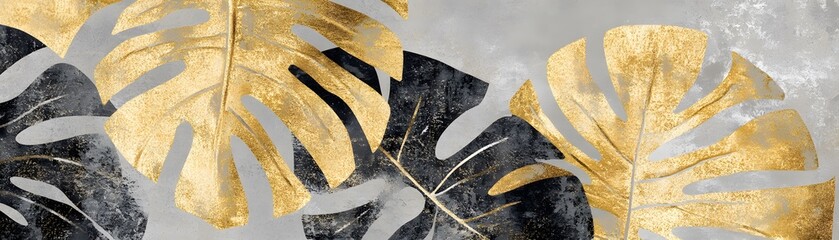 Poster - Abstract design of tropical leaves in gold and black.