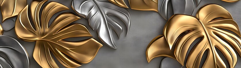 Poster - Ornate gold and silver leaf design on a gray background.