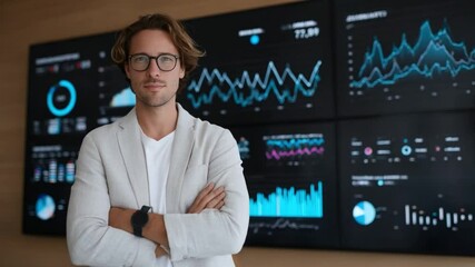 Poster - Confident Expert: A poised analyst stands before a wall of dynamic data displays, embodying competence and control in a modern, tech-driven environment.