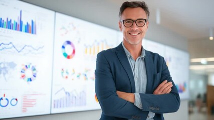 Poster - **Confident Business Leader in Analytical Space:** A poised professional stands confidently, arms crossed, against a backdrop of dynamic data visualizations.