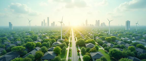 Photo realistic overhead view of a suburban area with green energy overlay, symbolizing sustainable living in double exposure, ideal for eco-friendly infrastructure concepts.