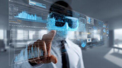 Poster - Man in white shirt and tie engaging with a virtual interface in a business setting