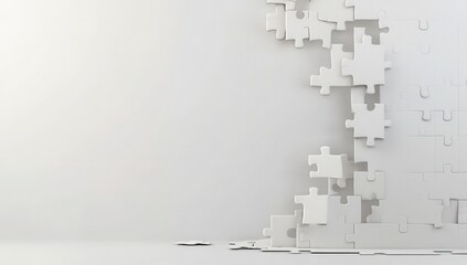 white jigsaw puzzle pieces forming a wall, some detached