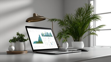 Poster - Sleek laptop on modern desk surrounded by minimalist decor in bright workspace