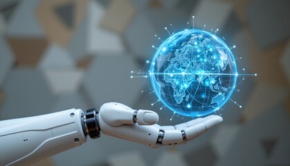 Poster - Advanced white robot hand holding a globe showcasing technology and global awareness