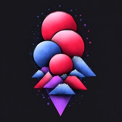 Poster - Abstract geometric design with vibrant colors and celestial bodies.  Mountains and spheres create a unique landscape