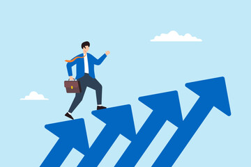 Poster - flat illustration of confident businessman walking upward on rising arrows career growth business su