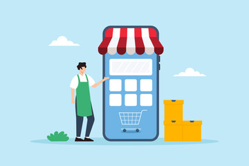 Poster - Flat illustration of small business owner interacting with online storefront smartphone mobile commerce digital retail entrepreneur shopkeeper and e-commerce