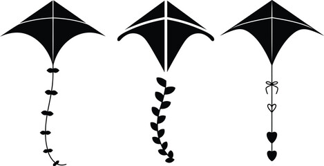 Poster - Vector illustration featuring three black silhouetted kites with various tail designs for creative usage
