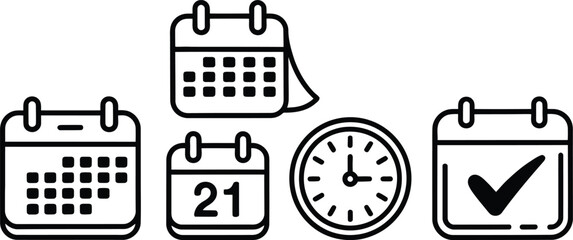 Poster - Set of black and white iconographic illustrations depicting time and calendar concepts