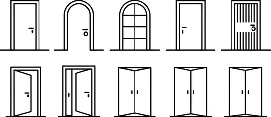 Poster - Set of ten different black line art style door designs depicting entryways and entrances.