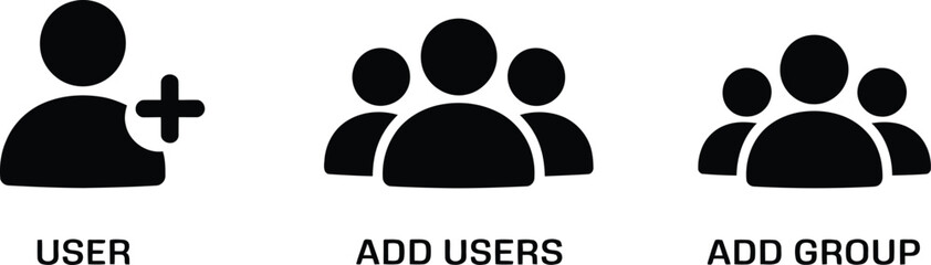 Poster - Simple black and white icons illustrating user management add new user add group and add users concepts