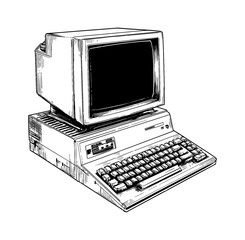 Aufkleber - Vintage Computer with Monitor and Keyboard in Detailed Black and White Engraving Style