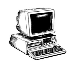 Aufkleber - Vintage Computer with Monitor, Keyboard and Disk Drive in Detailed Black and White Engraved Style