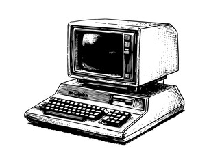 Aufkleber - Vintage Personal Computer with Monitor and Keyboard in Black and White Engraving Style