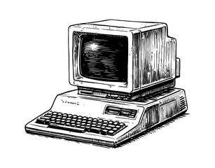 Aufkleber - Vintage Computer Illustration with Monitor and Keyboard in Detailed Black and White Line Art