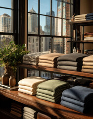Poster - Luxurious wool blankets neatly stacked wooden shelves, with city skyline view through large windows, creating cozy atmosphere