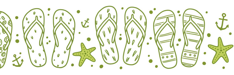 A seamless border pattern of green flip flops starfish and anchors on a white background in a row design