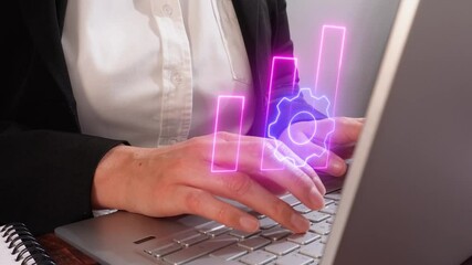Poster - Background of a woman working on a computer, with a virtual icon of bar graphs with gears. Concept of working in statistics.