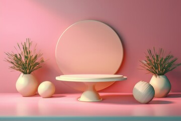 Poster - Minimalist display with round mirror, vases, and subtle pastel tones in interior setting