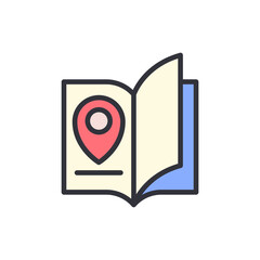 Poster - Stylized Travel Guide With Map Pin Icon On An Open Book