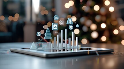 Poster - 3D pie charts and bar graphs emerging from a digital tablet, surrounded by floating data icons and glowing numerical figures, representing real-time business growth analytics.