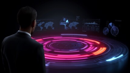 Poster - Futuristic 3D scene of a businessman analyzing holographic infographics with floating pie charts, line graphs, and data points, symbolizing smart data-driven decisions.