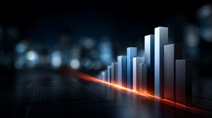 Poster - Dynamic 3D infographic layout with layered charts and statistical bars, set against a corporate background with glowing elements indicating business expansion and success.