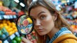 © GioGio - Close-up of woman examining food package label with magnifying glass, focusing on allergy details for food safety awareness,consumer insight,market research,food safety related concept