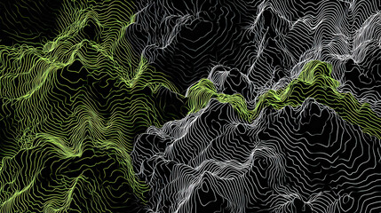 Poster - Abstract Line Art Background with Single Stroke Motion in Green and White against Black Surface