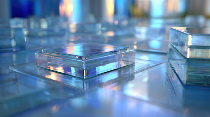 Poster - Futuristic Hologram Display with Glowing Transparent Layers and Light Reflection in an Abstract Environment