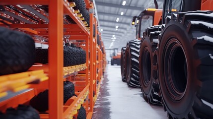 Poster - Assembly station with heavy-duty tires being mounted onto large construction vehicle axles