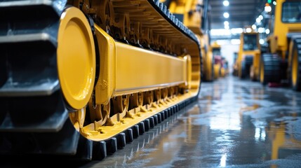 Poster - Bright yellow bulldozer blades stacked at the end of a polished factory line