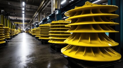 Poster - Bright yellow bulldozer blades stacked at the end of a polished factory line