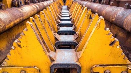Poster - Bright yellow bulldozer blades stacked at the end of a polished factory line