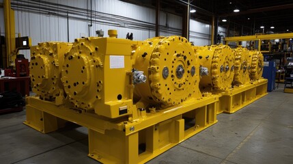 Poster - Bright yellow heavy-duty machinery in final production stage awaiting inspection