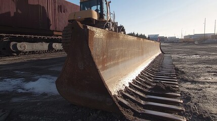 Poster - Bulldozer blade arms being mounted by robotic tools on a steel-reinforced platform