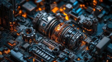 Poster - Close-up of gearboxes and mechanical parts arranged for integration into construction machinery